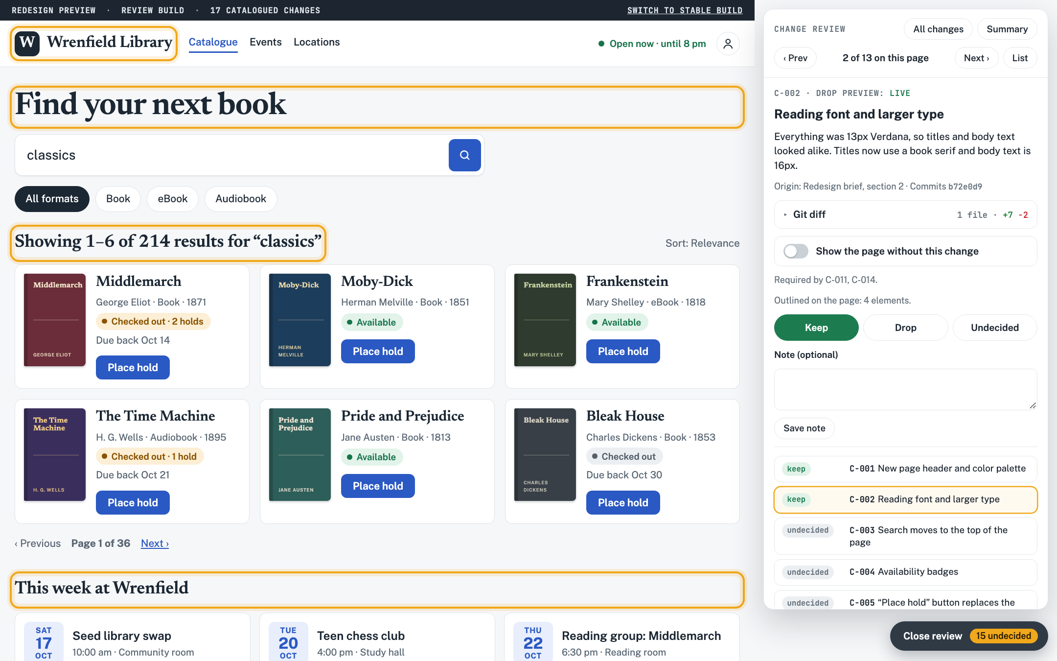 The redesign with C-002 kept: headings in a book serif and 16px body text.