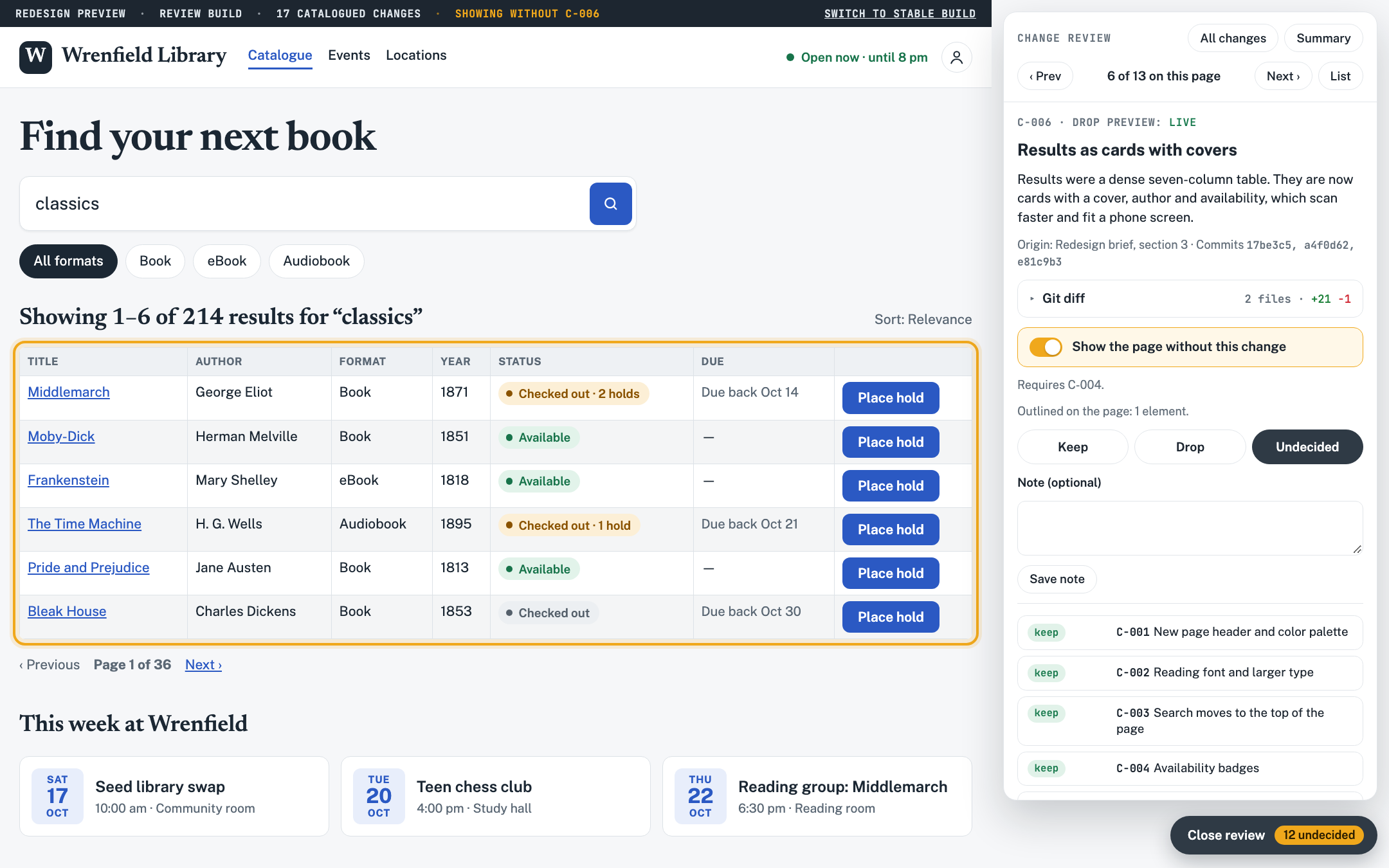 The same search results shown as the old table, with the review panel's switch turned on.