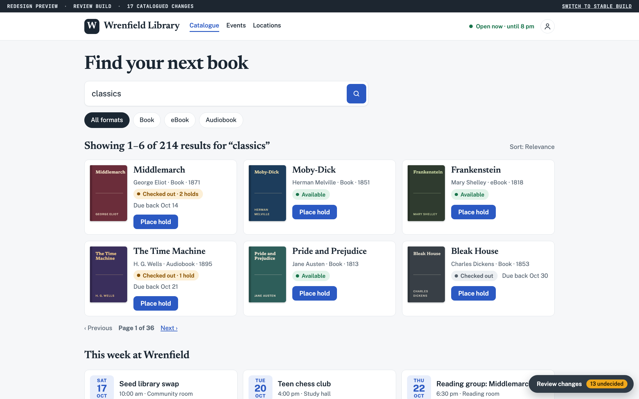 The redesign: a large search field, format filters, result cards with covers, and an events strip.