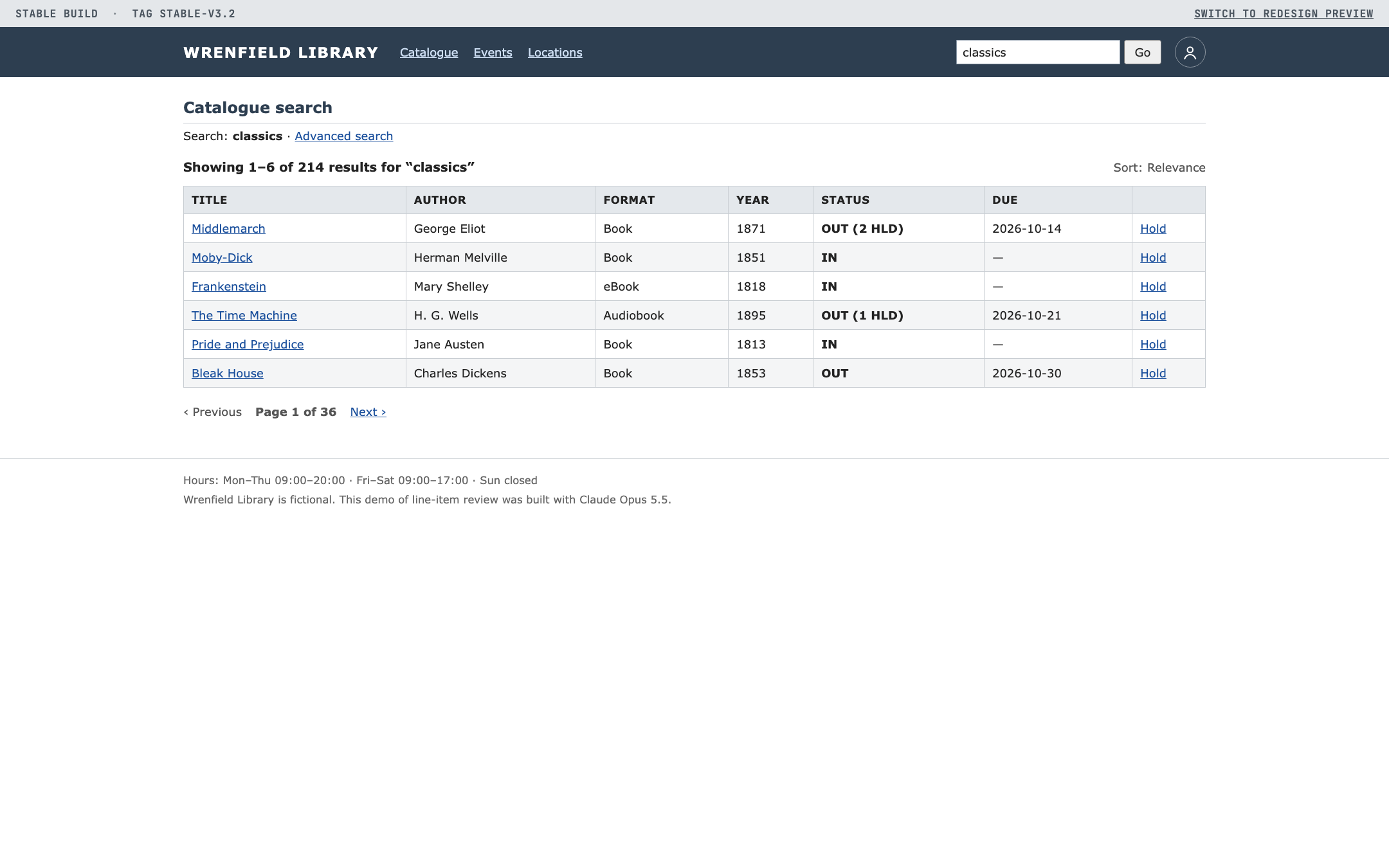 The stable build: a navy header, a small search box and a plain results table.